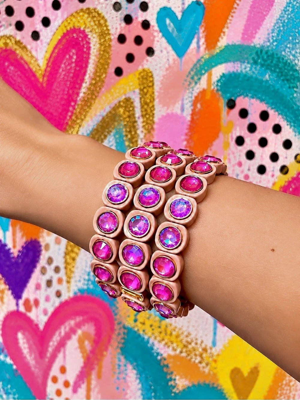 New Pink Rhinestone Gem Jeweled Enamel Stretch Bracelet Statement Jewelry